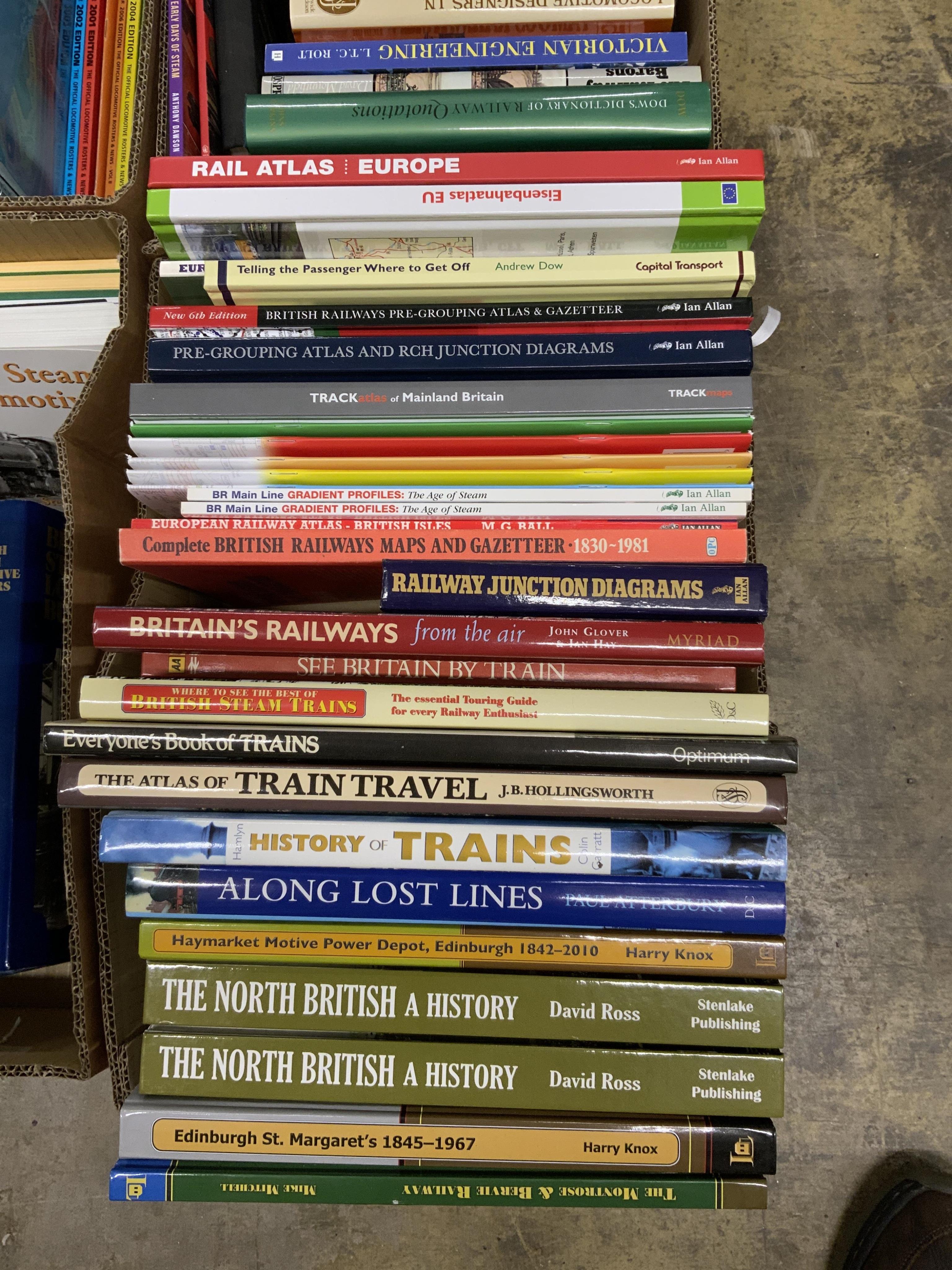 Eight boxes of railway related books, subjects include; the Great Western Railway, industrial locomotives, North British Railway, the Ffestiniog Railway, etc. publishers include; Oakwood Press, Pen & Sword, Ian Allan, Da